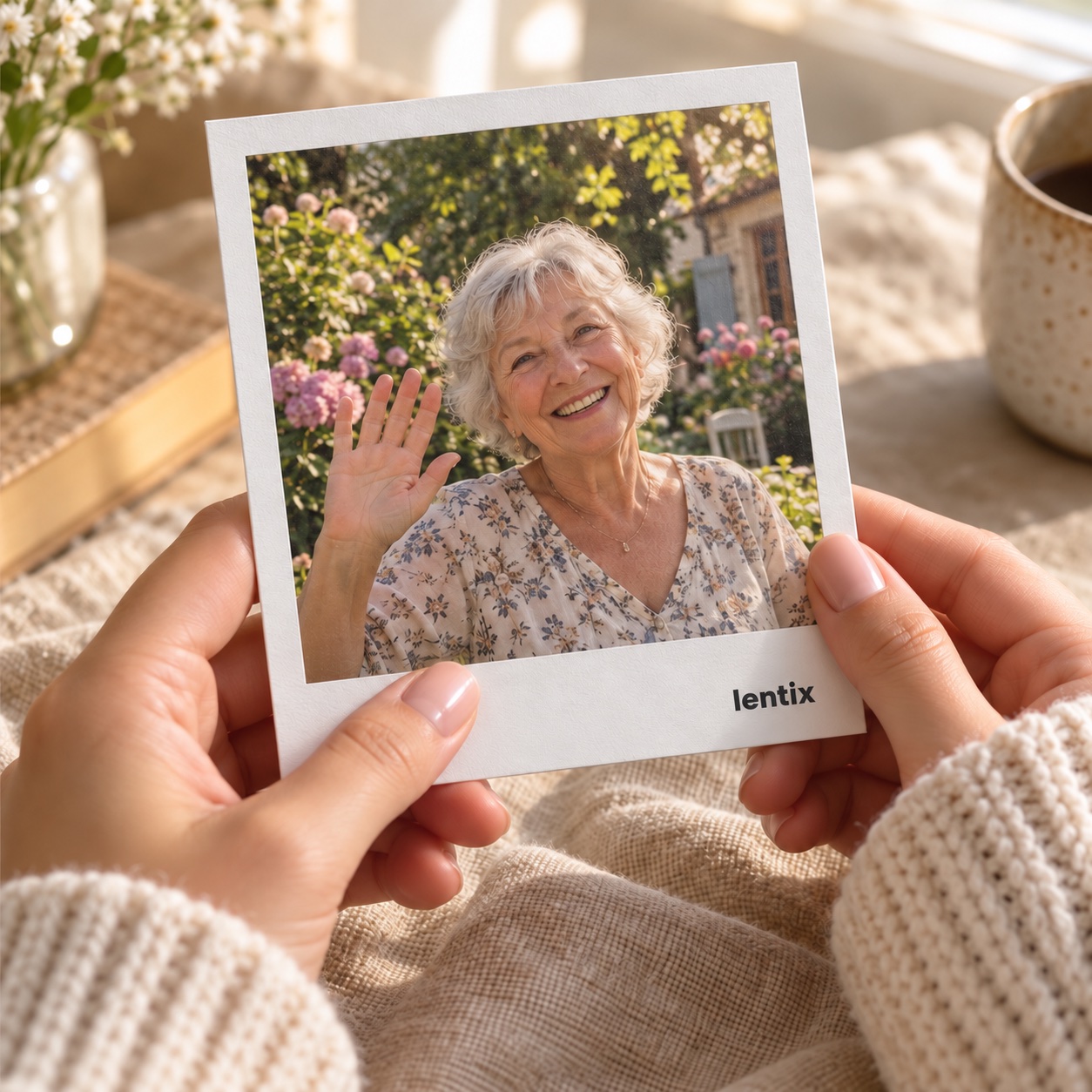 Illustrative Lentix of a grandmother waving, held gently in two hands