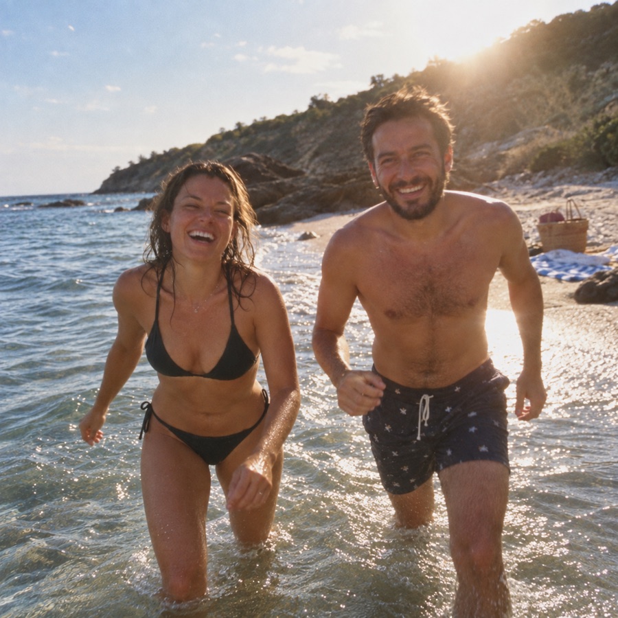 Two friends running out of the sea
